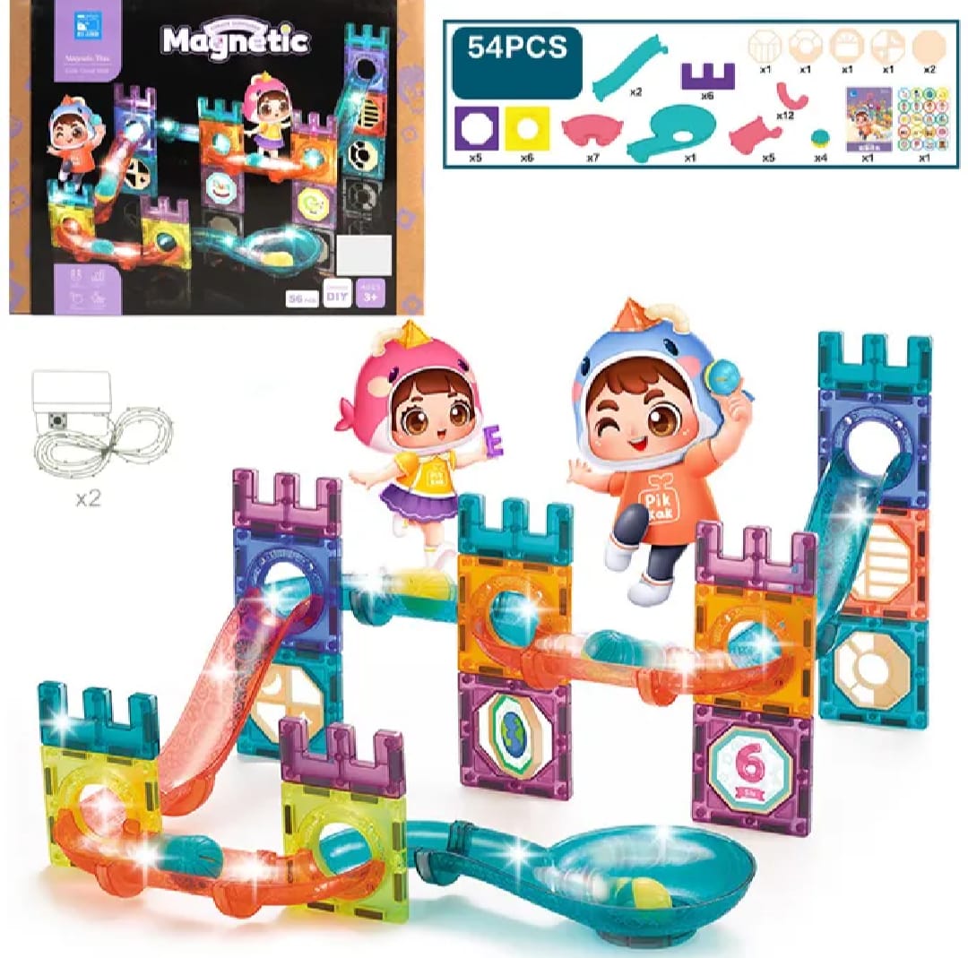 Magnetic Tiles Construction Play Set with Glowing Light 56 Pcs - Cute Great Walls Set Toy For Kids