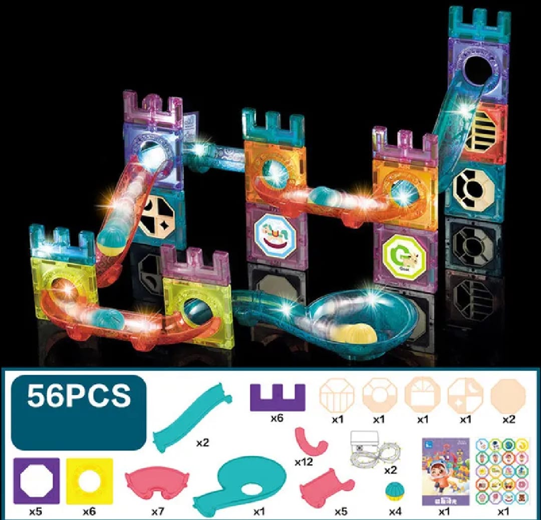 Magnetic Tiles Construction Play Set with Glowing Light 56 Pcs - Cute Great Walls Set Toy For Kids
