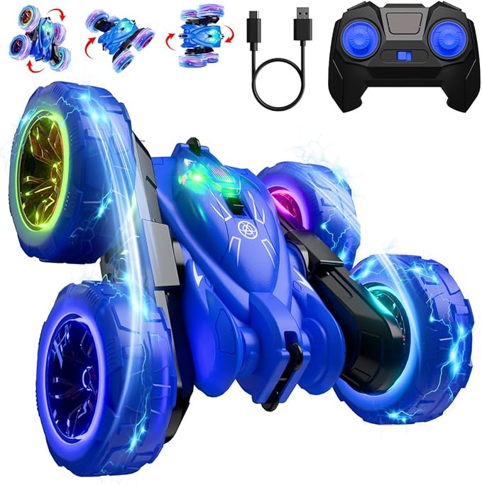 RC Car with Spray & Stunt Function – 360° Flips, Rechargeable Remote Control Car with LED Lights, 4WD All-Terrain Toy for Kids 3-12