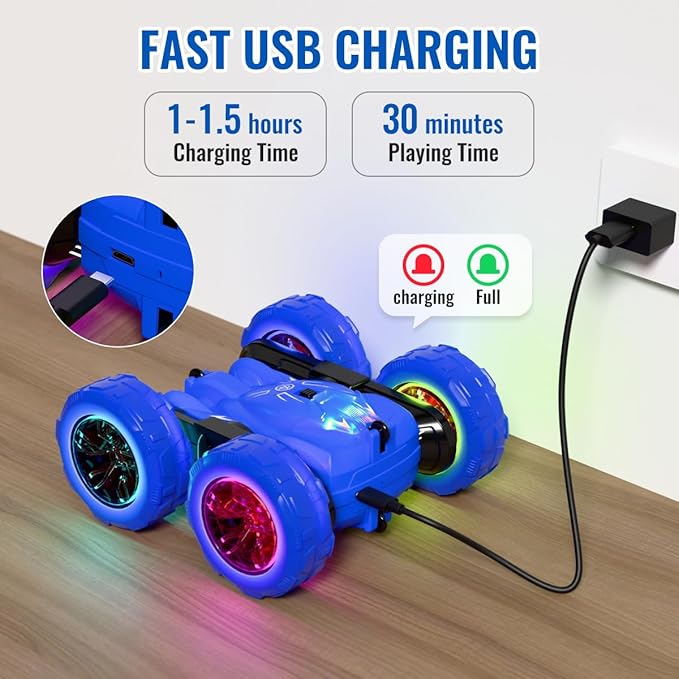 RC Car with Spray & Stunt Function – 360° Flips, Rechargeable Remote Control Car with LED Lights, 4WD All-Terrain Toy for Kids 3-12