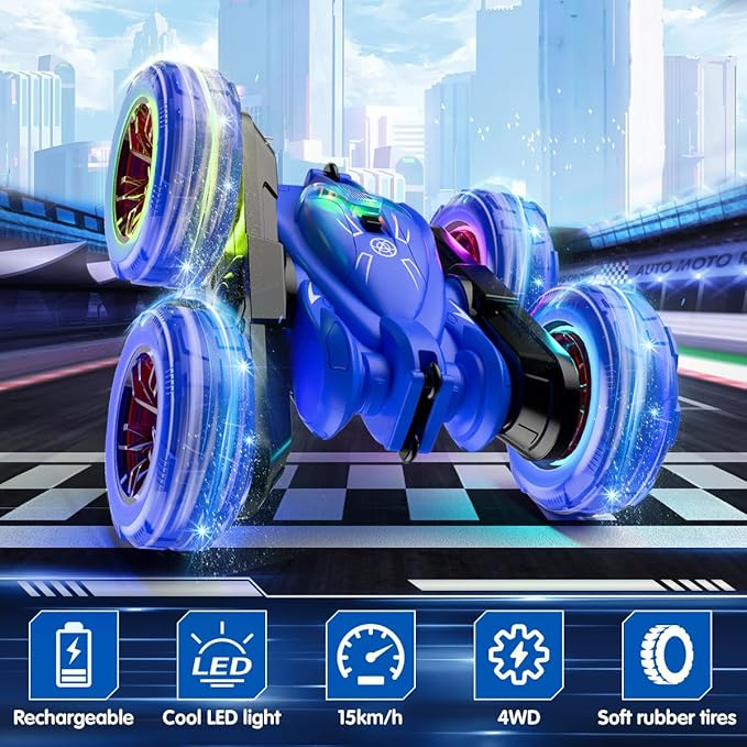 RC Car with Spray & Stunt Function – 360° Flips, Rechargeable Remote Control Car with LED Lights, 4WD All-Terrain Toy for Kids 3-12