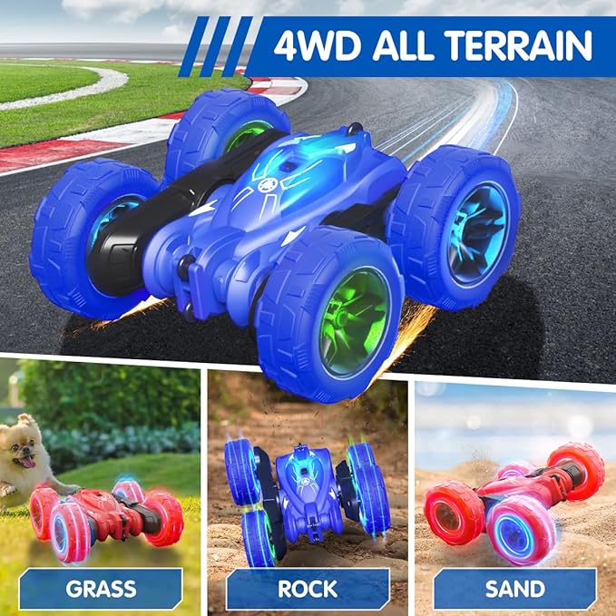 RC Car with Spray & Stunt Function – 360° Flips, Rechargeable Remote Control Car with LED Lights, 4WD All-Terrain Toy for Kids 3-12